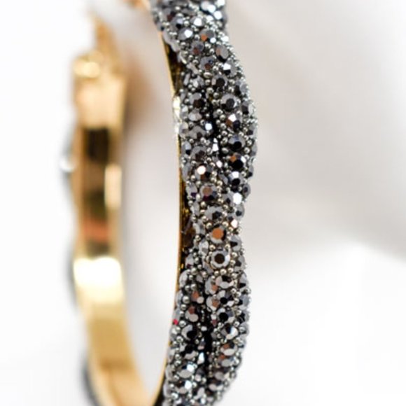 3" Braid Twist Hematite Rhinestone Hoop Earrings - Picture 12 of 12
